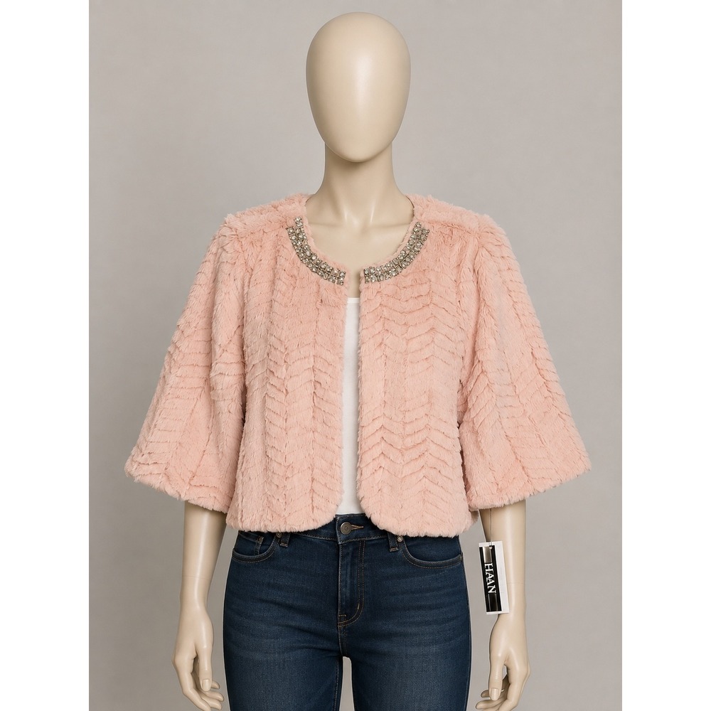 Haani Pink Faux Fur Bolero Jacket Rhinestone Neckline Cropped Shrug New